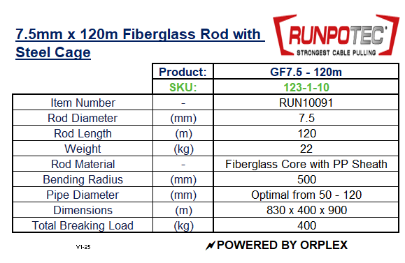 Product Specifications Table for RUNPOTEC GF7.5 7.5mm Yellow Fiberglass Rod on Robust Mobile Steel Reel