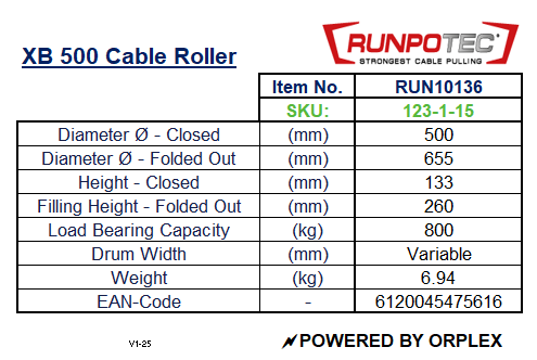 Technical specifications of an XB 500 Cable Roller by Runpotec