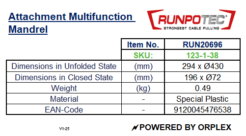 Technical specifications of RUNPOTEC attachment multifunction mandrel.