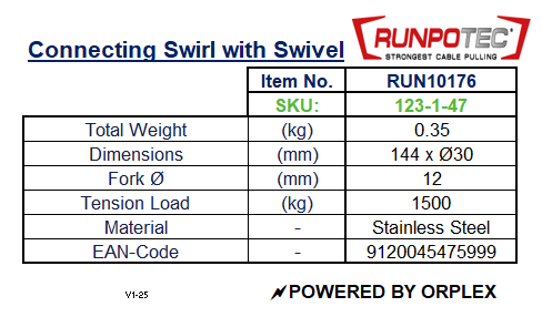 Technical specifications table for RUNPOTEC Connecting Swirl with Swivel