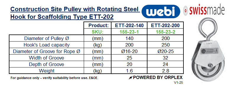 Technical Specifications Table for WEBI Construction Site Pulley with Rotating Steel Hook for Scaffolding, Type ETT-202 - Capacities 200kg & 250kg
