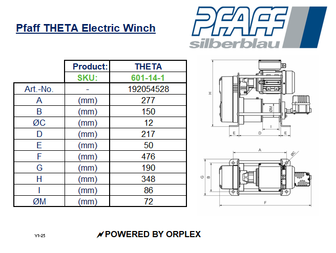 Pfaff THETA Electric Winch Dimensions Table with Diagrams