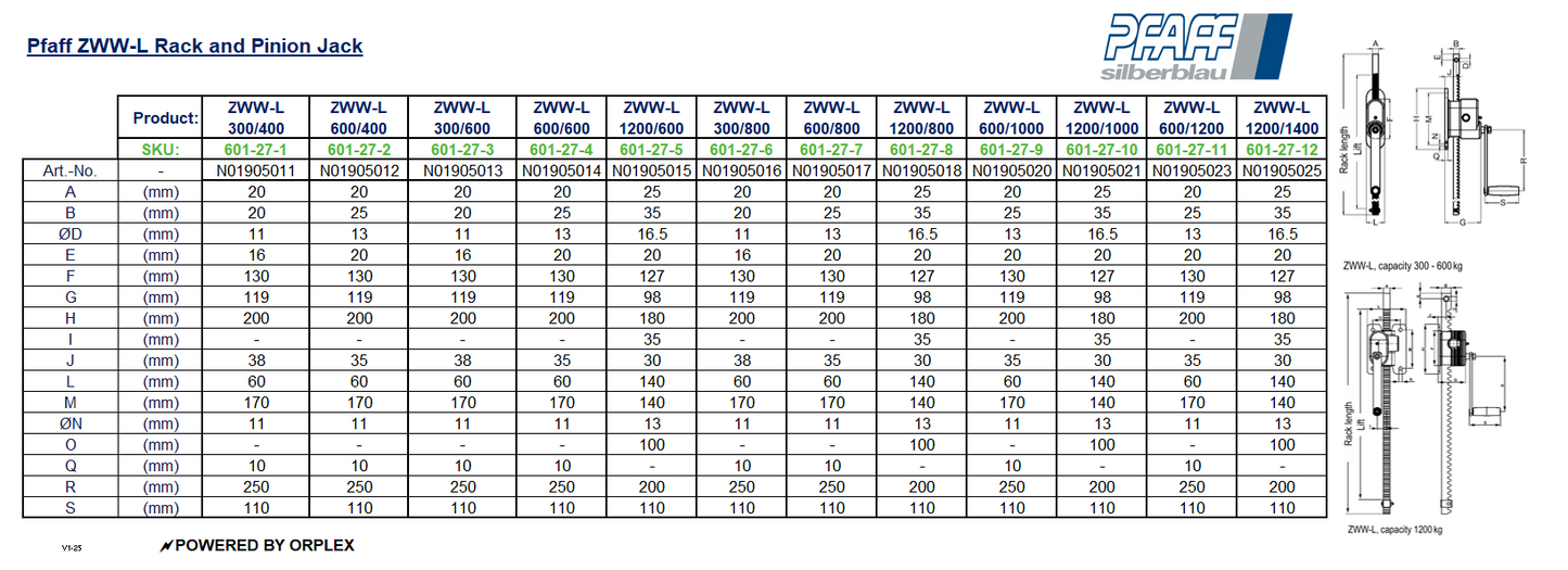 Pfaff ZWW-L Rack & Pinion Jack Dimensions Table with Diagrams