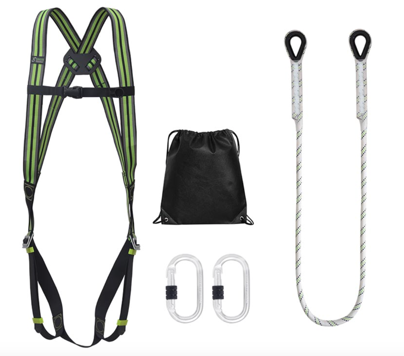 1 POINT FULL BODY HARNESS
RESTRAINT ROPE LANYARD 1.5M THIMBLE EYE
2 – ALLOY STEEL SCREW LOCKING KARABINER
PLAIN BLACK DRAWSTRING BAG