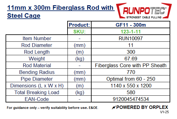Product Specifications Table for RUNPOTEC GF11 Yellow Fiberglass Rod Ø11mm x 300m with Steel Reel