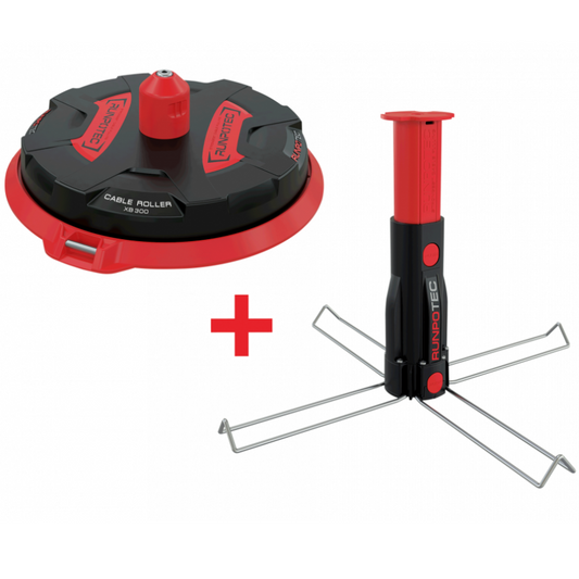 Red and Black RUNPOTEC Multi-function mandrel and XB300 cable winder/unwinder for all 
small to medium cable reels