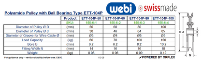 Technical Specifications Table for WEBI Black Polyamide Pulley with ball bearings, Type ETT-104P