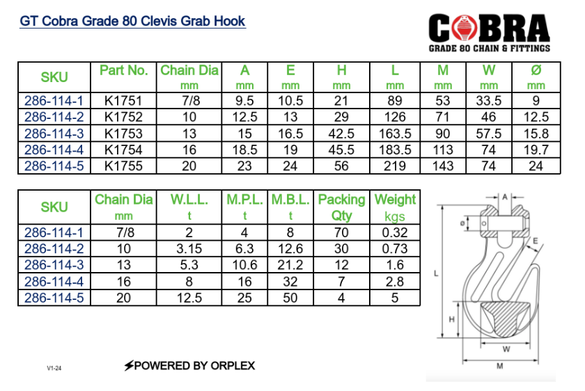 GT Cobra Grade 80 Clevis Grab Hook