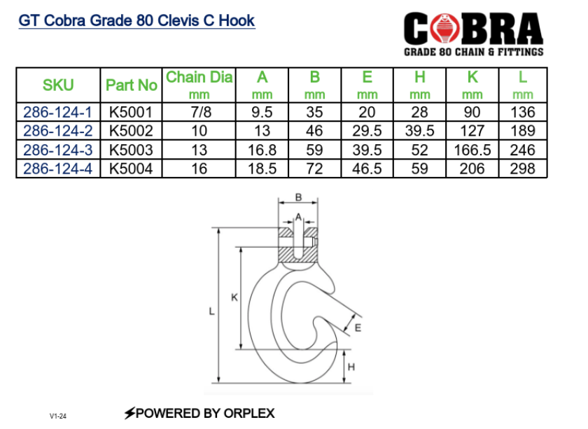 GT Cobra Grade 80 Clevis C Hook