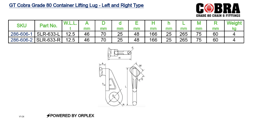 GT Cobra Grade 80 Container Lifting Lug - Left and Right Type - Specification Specification