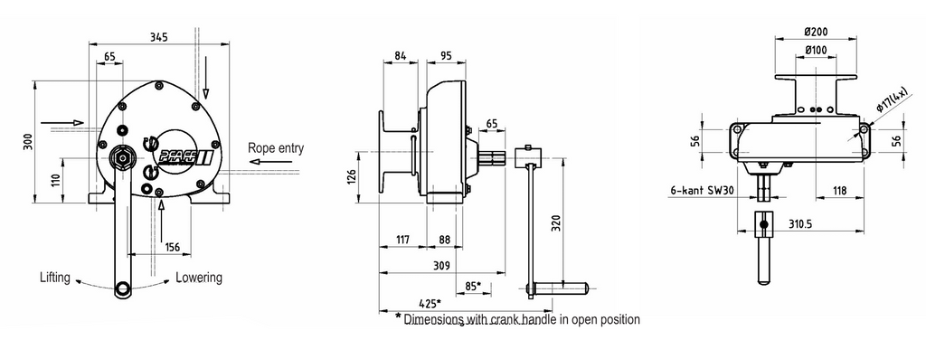 Pfaff OMEGA Console-Mounted Rope Winch - Dimensions