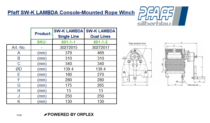 Pfaff SW-K LAMBDA Console-mounted rope winch (BGVC1) - Dual Lines - Dimensions
