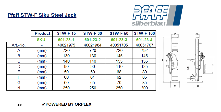 Pfaff STW-F 3000kg Siku Steel Jack - Dimensions