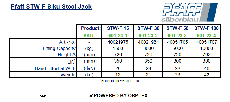 Pfaff STW-F 3000kg Siku Steel Jack - Specification Specification