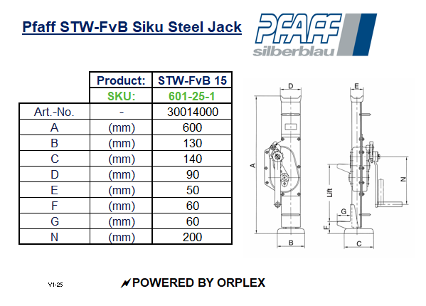 Pfaff STW-FvB Siku Steel Jack Dimensions Table with Diagrams