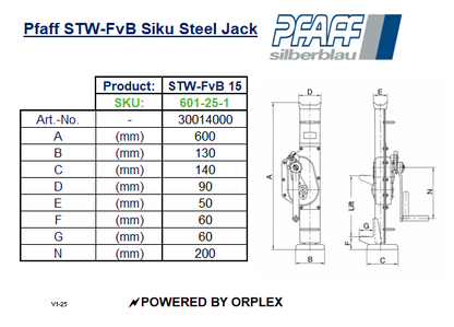 Pfaff STW-FvB Siku Steel Jack Dimensions Table with Diagrams