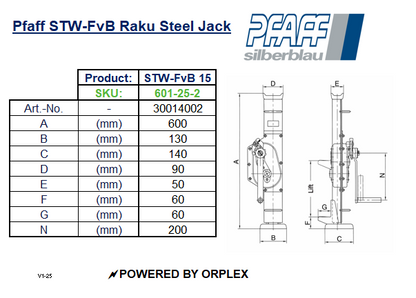 Pfaff STW-FvB Raku Steel Jack Dimensions Table with Diagrams