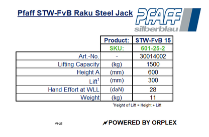 Pfaff STW-FvB Raku Steel Jack Specification Table