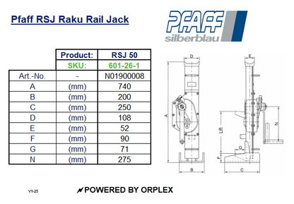 Pfaff RSJ Raku Rail Jack Dimensions Table with Diagrams