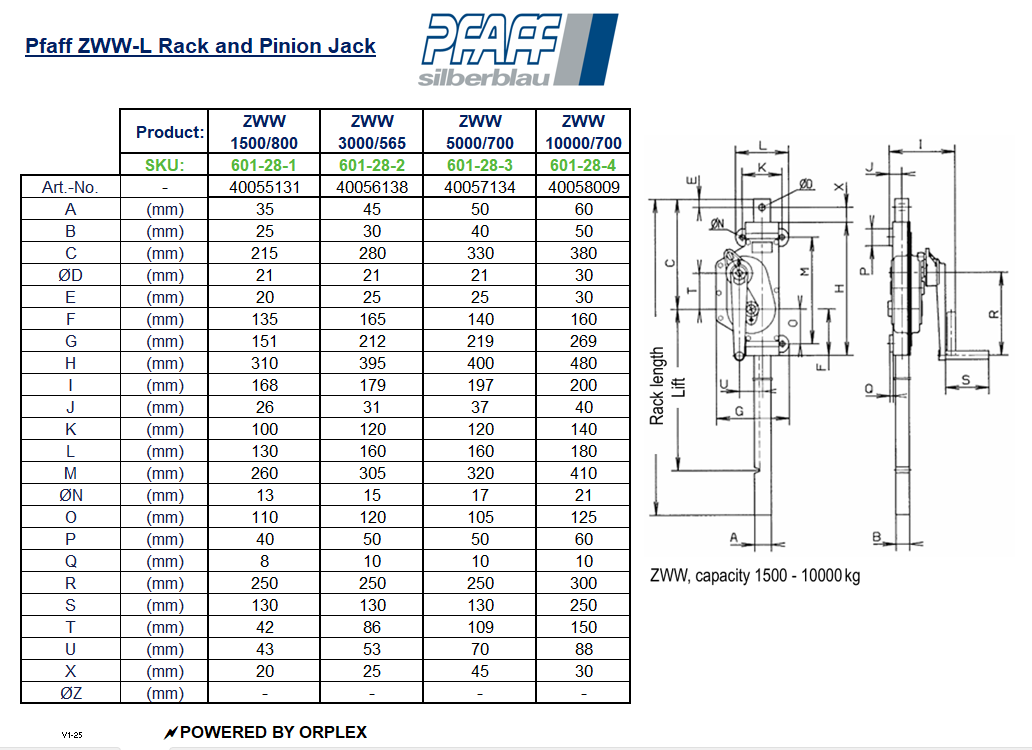 Pfaff ZWW Rack & Pinion Jack Dimensions Table with Diagram