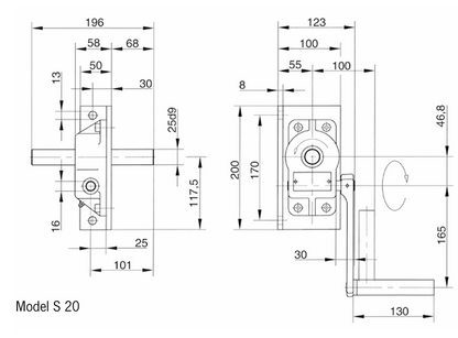 Pfaff S20 Worm Gear Drive – Hand Operated Gearbox 20:1 Dimensions Diagram