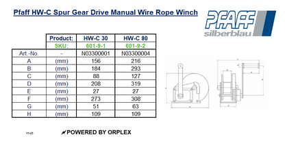 Pfaff HW-C Spur Gear Drive Manual Wire Rope Winch Dimensions Table with Diagrams