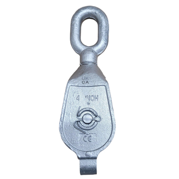 Galvanised Malleable Iron GMI Pulley Block - Double - Swivel Oval Eye 4 Inch Front View