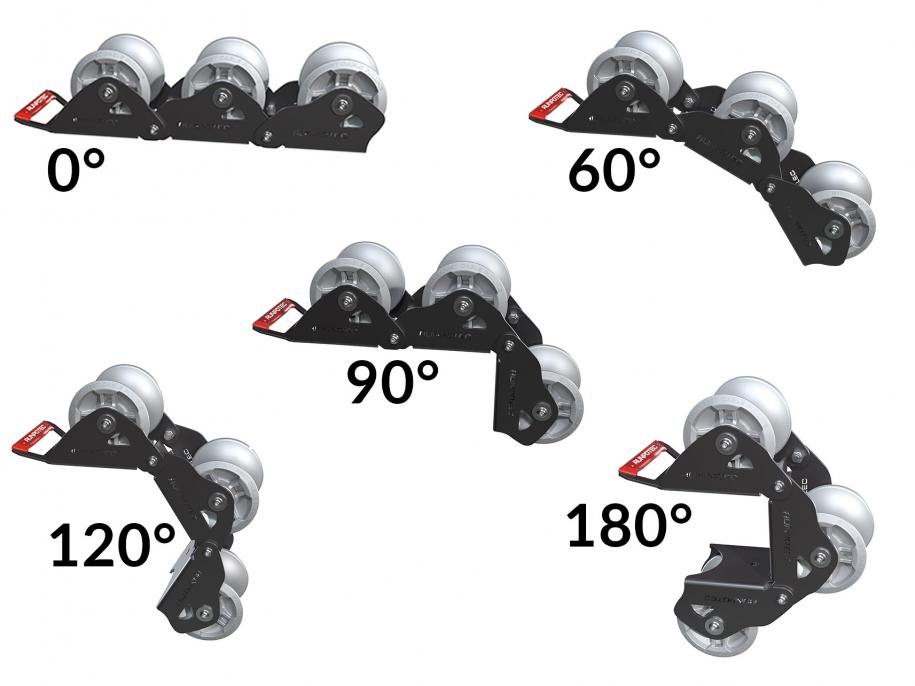 Set of three cable roller assemblies RUN10166 from Runpotec showing different orientations 