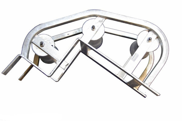 A silver-colored triple manhole cable roller with two vertical and one horizontal steel rollers designed for maneuvering heavy cables around corners.