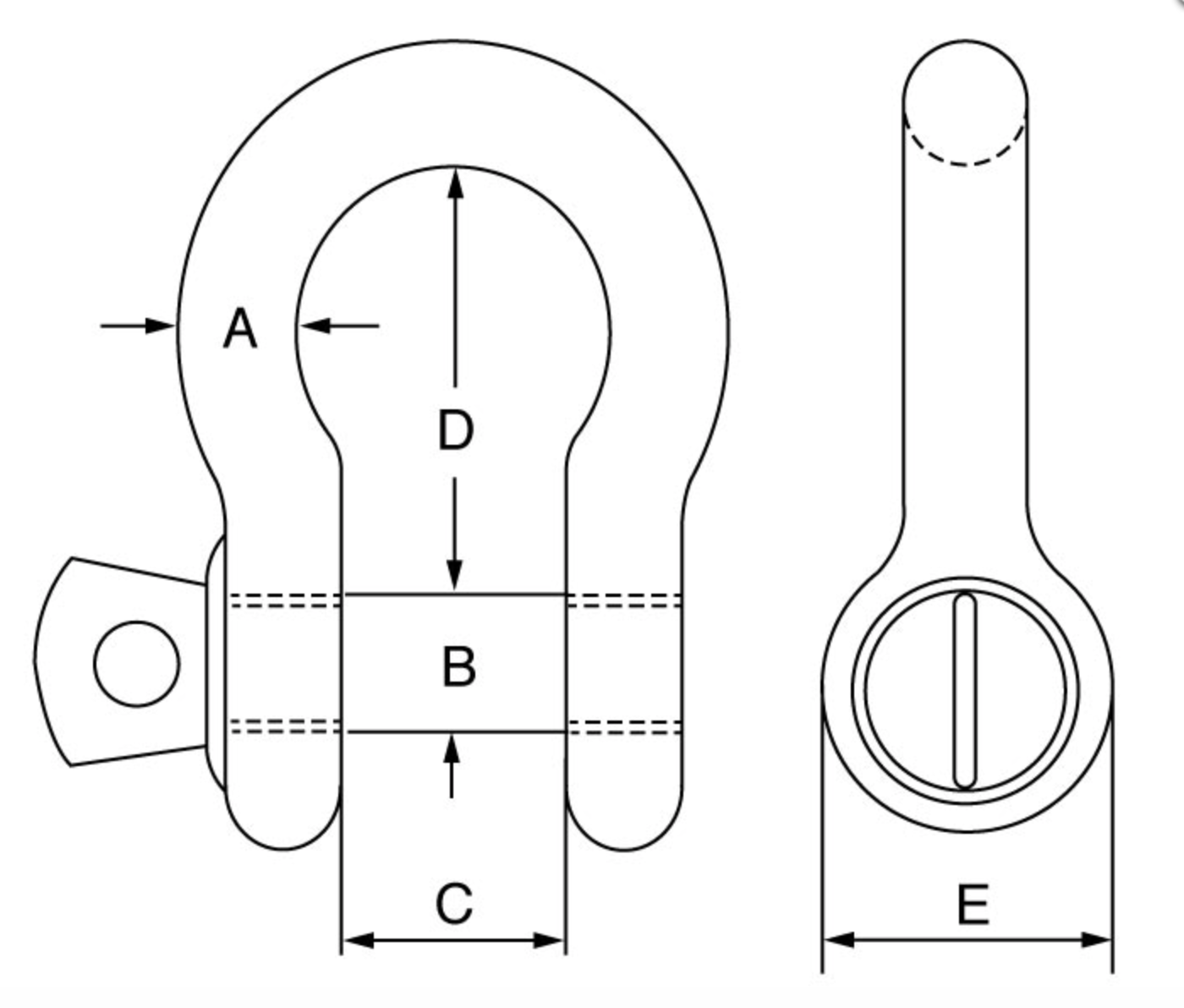 GT Blue Pin Grade 6 Bow Shackles with Screw Collar Pin Dimensions