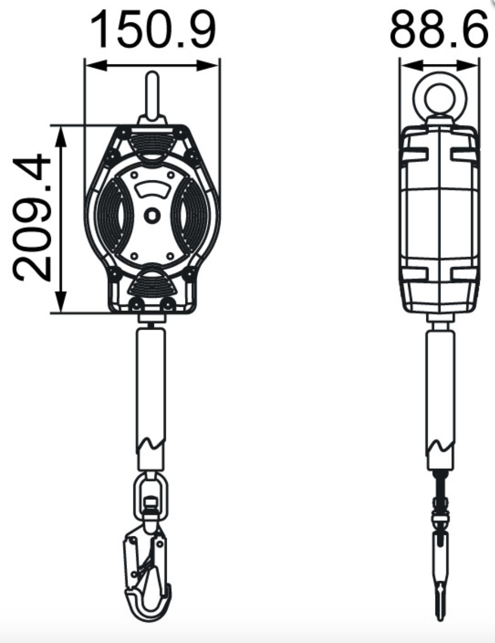 Dimensions of 6m Helixon Retractable Webbing Fall Arrest Block