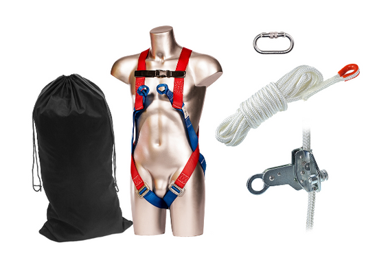 Portwest - 15m Ascending/Descending 2 Point Harness Kit - Red with Carabiner, Rope Grab, 15m Rope & Bag